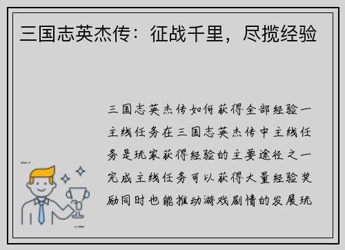 三国志英杰传：征战千里，尽揽经验